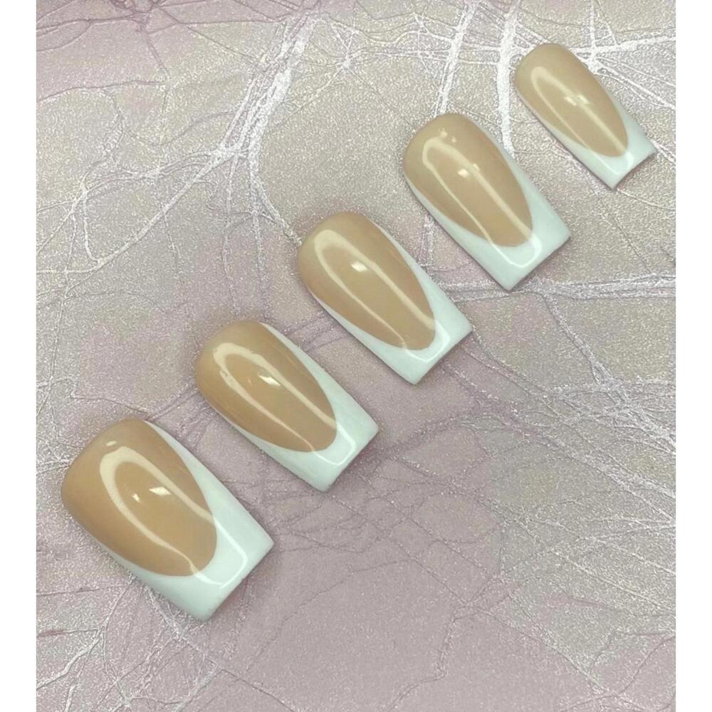Short square press on nails white French tips nude handmade custom gel